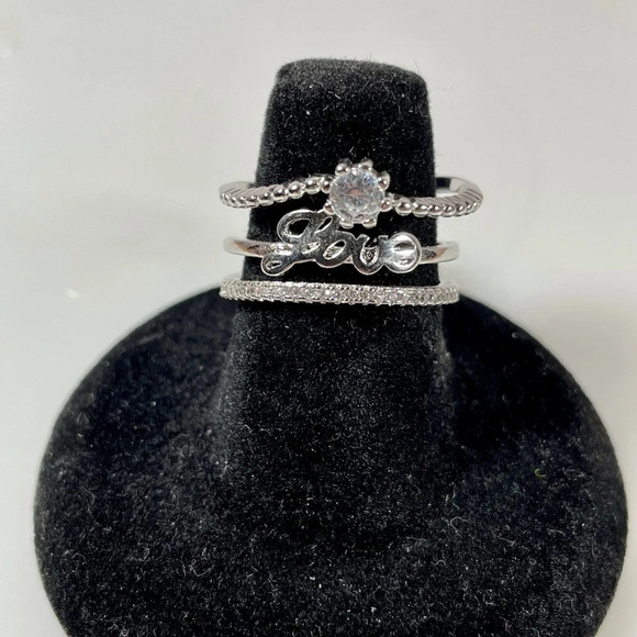 Love Triple Stack Silver Tone Ring - Size 9 - Picture 1 of 4